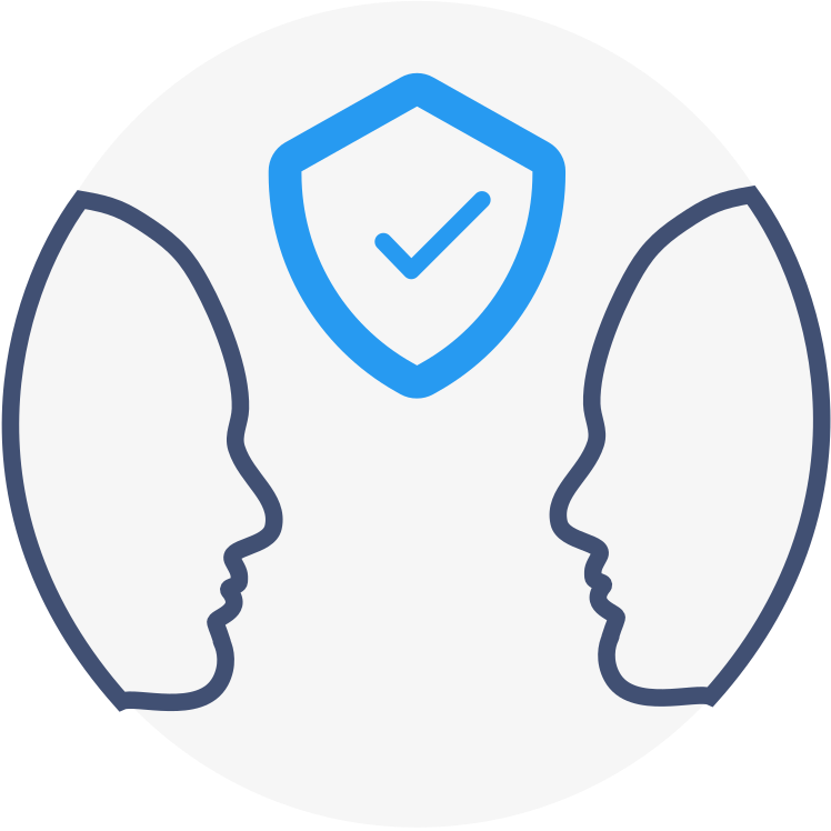 Bureau d'étude électronique Icône représentant deux silhouettes aux contours bleu foncé de visages face à face. En bleu clair, en haut de l'icône, entre les deux visages, se trouve en bleu clair , un bouclier avec un symbole de validation. Cette icône symbolise l'accord et la mise au point entre deux parties.