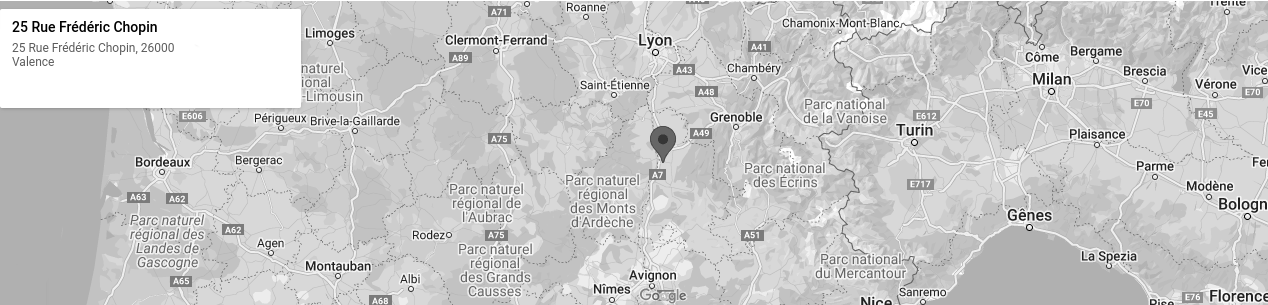 Page Nous contacter : Image d'un carte en oir et blanc indiquant la position géographique de IE-Concept. Le bureau se situe au coeur de Valence , soit à une heure de lyon et à 2 heures d'Avignon